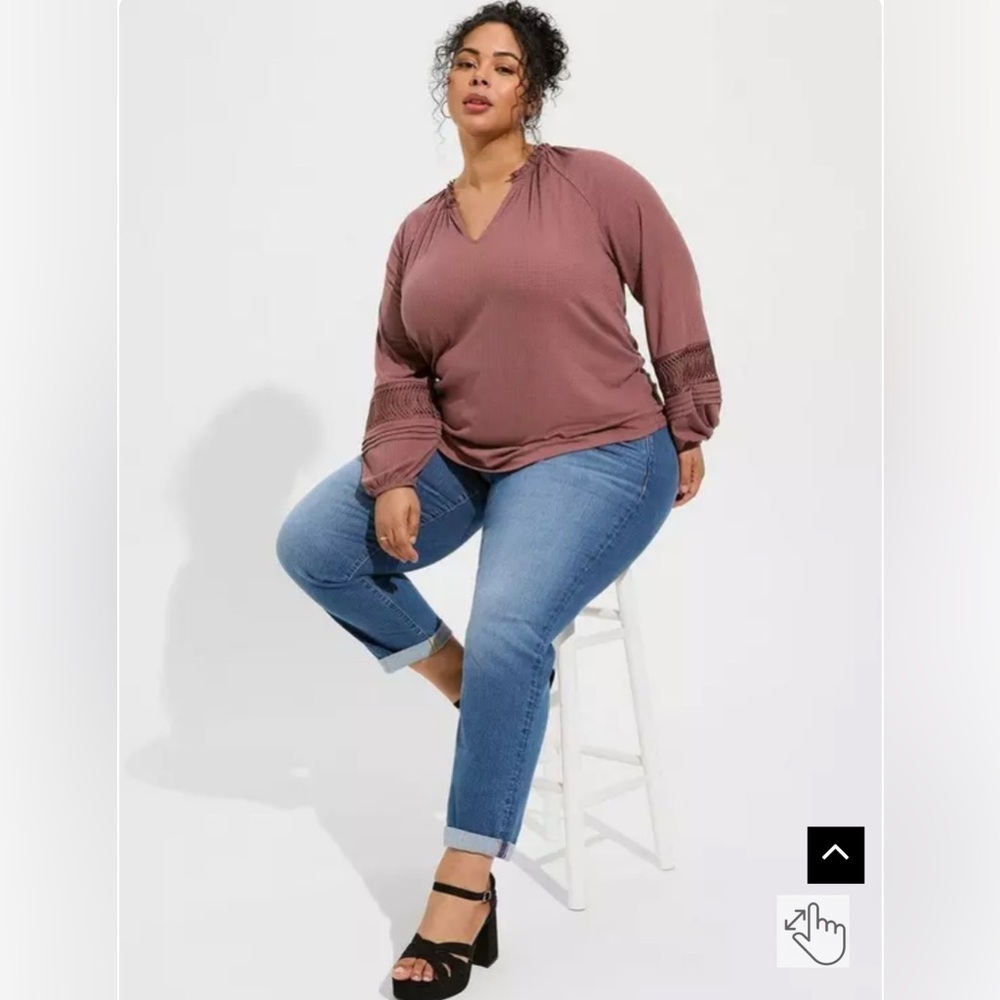 Torrid Textured Jersey V-Neck Crochet Long Sleeve Top Rose Taupe 3X Boho Peasant